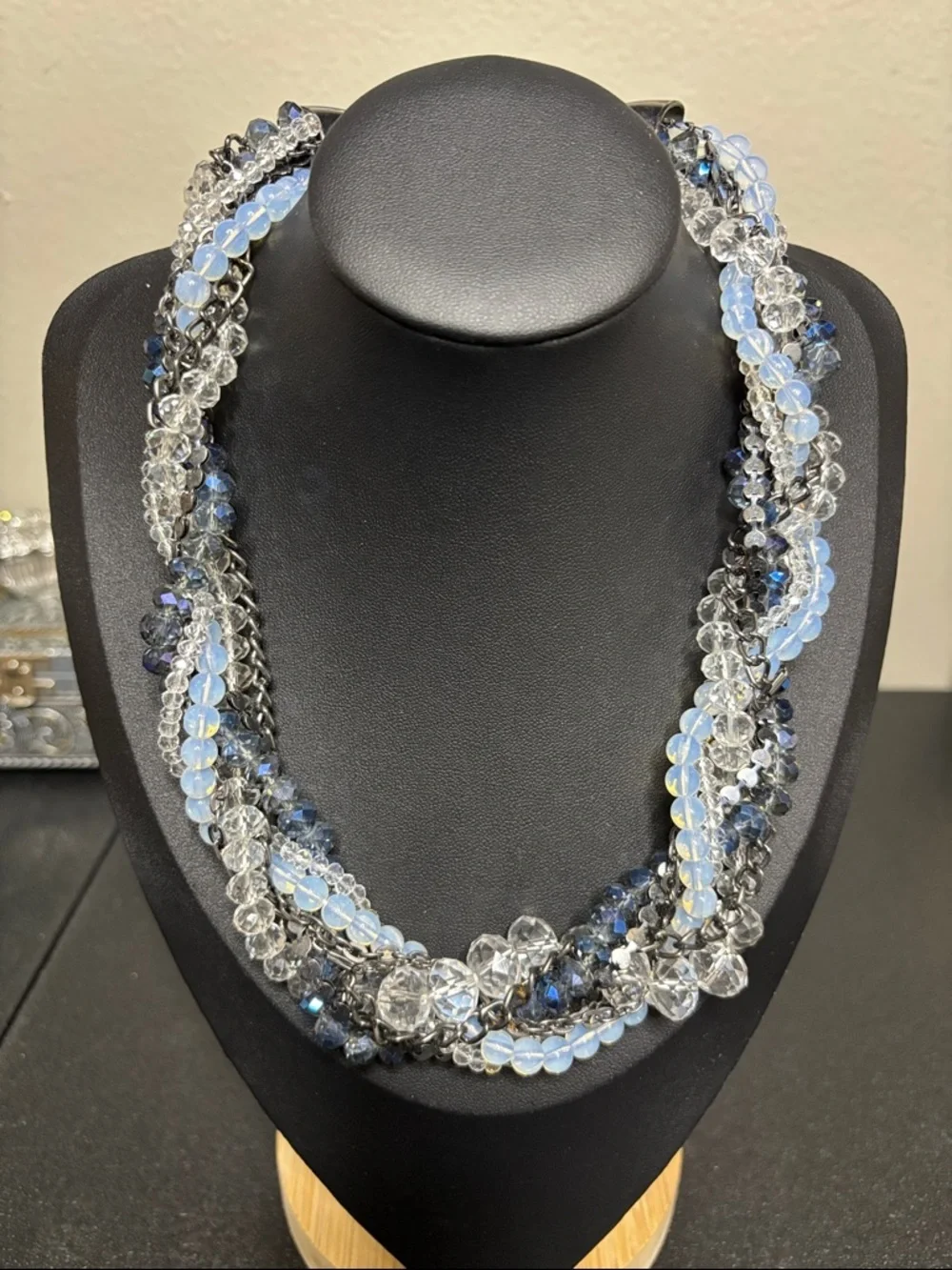 Loft Blue and Clear Multi-Strand Beaded Statement Necklace